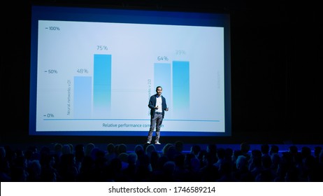 Startup Conference Stage: Speaker Presents New Product, Talks about Performance, Neural Networks, Artificial Intelligence, Big Data and Machine Learning. Live Event with Large Audience