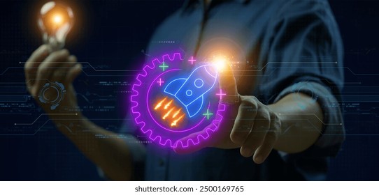 Startup, entrepreneurship, creative idea, business, network connection, online marketing, innovation and technology concept. Businessman showing glowing neon line of rocket with gear icon. - Powered by Shutterstock