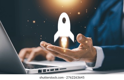 Startup launch concept with rocket icon rising from hand, representing business growth, innovation, new project development, success strategy and entrepreneurial vision in digital economy.