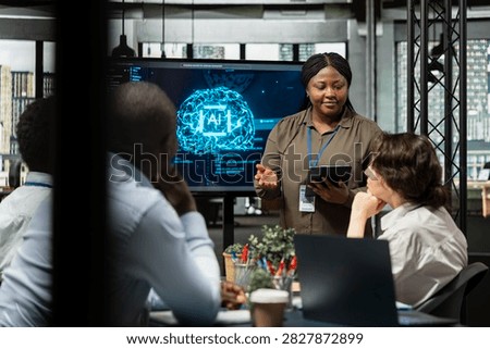 Startup manager presents artificial intelligence technology to investors and explains how the company can gain a competitive business advantage, for startup funding and investor relations
