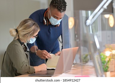 Start-up People Working In Co-working Space Office, Wearing Face Mask During 19-ncov Pandemic