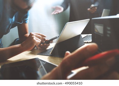 StartUp Programming Team. Website Designer Working Digital Tablet Dock Keyboard And Computer Laptop With Smart Phone And Compact Server On Marble Desk,filter Film Effect