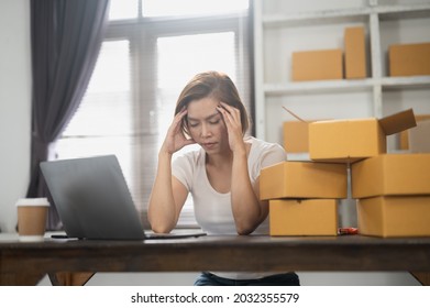 Startup Small Business Entrepreneur SME Freelance Start A Small Business During The Covid Epidemic, Customers Don't Order Products.asian Woman Working With Box, Asian Woman Small Business Owner, Onlin