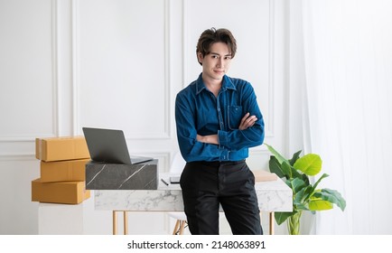 Startup Small Business Entrepreneur SME, Asian Man Receive Order On Phone. Success Young Asian Small Business Owner Home Office, Online Sell Marketing Delivery, SME E-commerce Telemarketing Concept