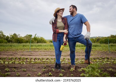 Startup, Success And Agriculture, Couple Work Farm Together. Sustainability, Teamwork And Small Business Of Sustainable Food Production. Happy Farmer, Man And Woman Work In Growth, Love And Farming.