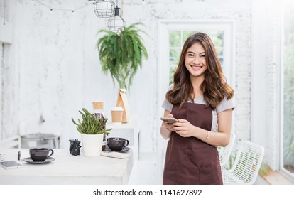 Startup Successful Small Business Owner Woman Sme Beauty Girl Standing In Coffee Shop Restaurant. Portrait Of Young Asian Woman Barista Cafe Local Owner. SME Sell Online Entrepreneur Business Banner