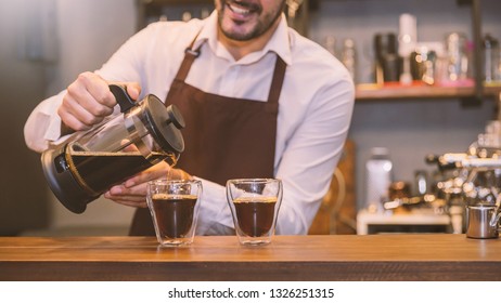 Startup Successful Small Business Owner Handsome Man Hand Holding Espresso Cup In Coffee Shop. Portrait Of Young Caucasian Man Barista Cafe Owner. Entrepreneur Business Concept Banner