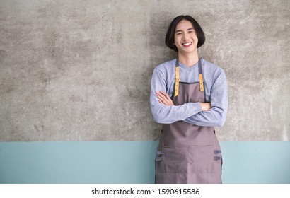 Startup Successful Small Business Owner Man Stand In His Coffee Shop Restaurant With Copy Space. Portrait Of Young Asian Man Successful Barista Cafe Local Owner Seller Sme Service Job, Unisex Concept