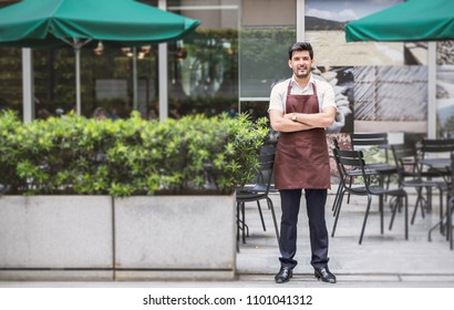 Startup Successful Sme Small Business Owner Man Walking In His Coffee Shop Or Restaurant. Portrait Of Young Smile Caucasian Man Successful Barista Cafe Owner