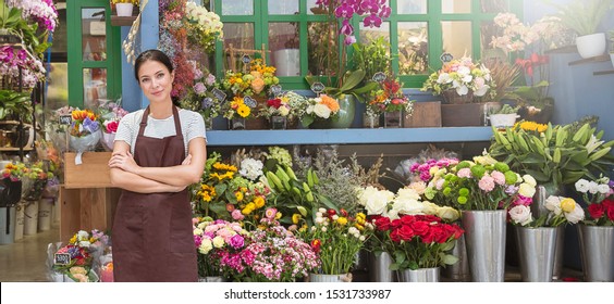 Startup Successful Sme Small Business Entrepreneur Owner Asian Woman Standing With Flowers At Florist Shop Service Job. Portrait Of Caucasian Girl Successful Owner Environment Friendly Concept Banner