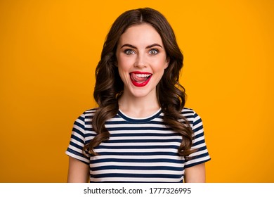 I'm Starving Closeup Photo Of Pretty Funky Wavy Lady Licking Tongue Red Bright Lips Perfect Toothy Smile Wear White Casual Striped T-shirt Isolated Yellow Color Background