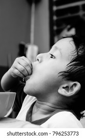 Starving Street Kids Eating Noodles In Black And White Colour Tone