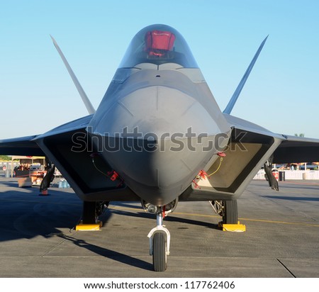 State of the art stealth fighter jet front view