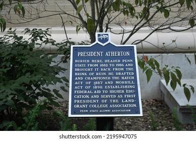 State College, Pennsylvania - August 30 2022: Pennsylvania Historical Marker At Penn State University Park For President Atherton