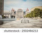 The state house (capitol building) of Albany, New York displays its beauty during a hot summer day.