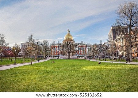 State Library of Massachusetts and Boston Common public park in downtown Boston, MA, the United States. People on the background