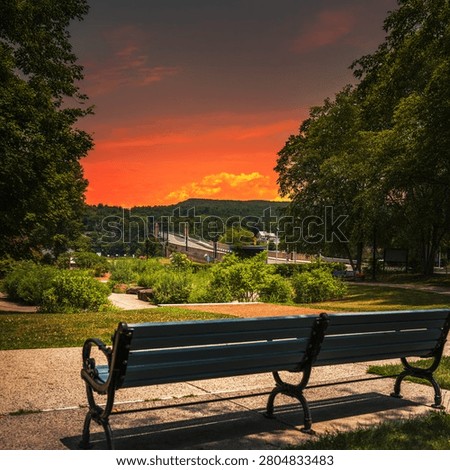 State Park resting area with empty wooden bench and garden with birch tree shadows at Great Falls Discovery Center in Turners Falls, Massachusetts, United States of America