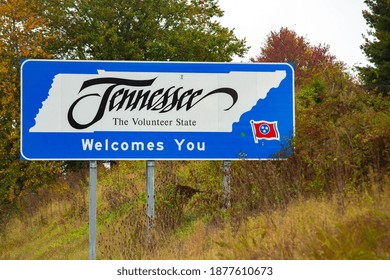 The State Of Tennessee Welcomes You To The Volunteer State With A Sign On The Highway