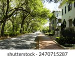 Stately historic homes on a shady street of live oaks in Savannah Georgia