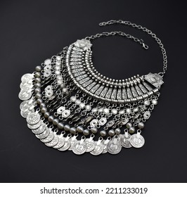 Statement Beads Necklace On Black, Massive Handmade Jewelry Background