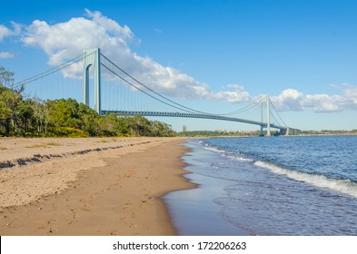Staten Island beach and Verrazano-Narrows Bridge, NYC