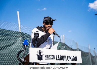 Staten Island, New York, USA. April 8, 2022: Amazon Labor Union “We Made History” Press Conference At JFK8 Amazon Facility.