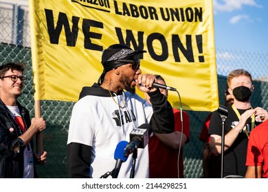 Staten Island, New York, USA. April 8, 2022: Amazon Labor Union “We Made History” Press Conference At JFK8 Amazon Facility.