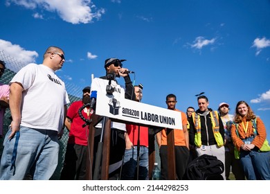 Staten Island, New York, USA. April 8, 2022: Amazon Labor Union “We Made History” Press Conference At JFK8 Amazon Facility.