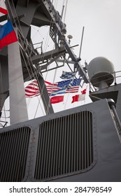 STATEN ISLAND, NY - MAY 20 2015: Low Angle View Of The Guided-missile Destroyer USS Barry (DDG 52) Moored During Fleet Week NY At Sullivans Pier.