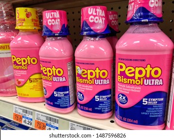 Staten Island, NY / USA - August 25, 2019: A Bottle Of Pink Pepto Bismol ULTRA On Display In A Local Pharmacy. 