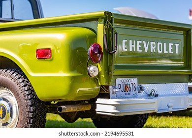 Statesboro, GA - May 17, 2014: Closeup Of Taillight And Tailgate Details From A 1968 Chevrolet C10 Stepside Pickup Truck.