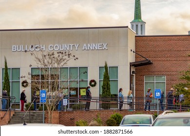 Statesboro, GA, USA - December 14, 2020 - Voters Wait In Line At The Bulloch County Annex For Early Voting In The Historic Georgia Runoff Election For US Senate During The Covid-19 Pandemic.