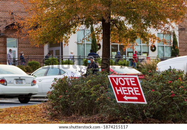 Statesboro, Georgia, USA - December 14 2020:\
Sign directing voters to the Bulloch County Annex polling place on\
the first day of early voting in the historic Georgia US Senate\
runoff elections.