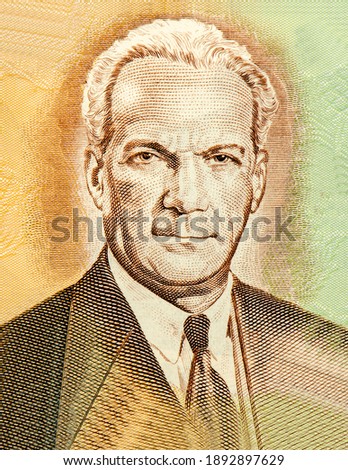 Statesman and national hero Norman Manley. Portrait from Jamaica 5 Dollar 1970 Banknotes.