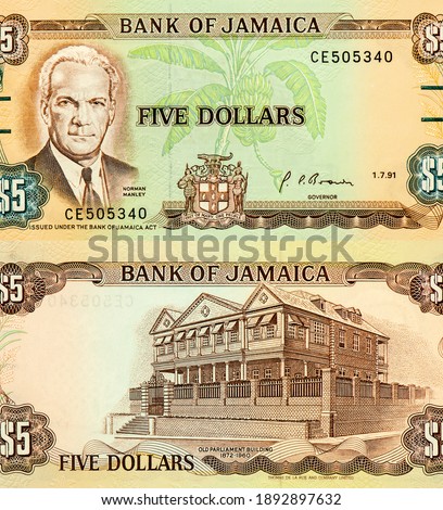 Statesman and national hero Norman Manley. Portrait from Jamaica 5 Dollar 1970 Banknotes.