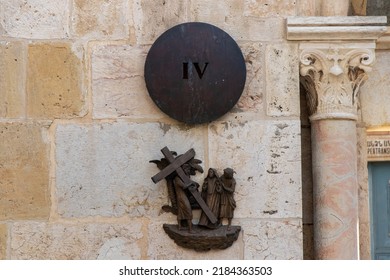 Station 4 of Via Dolorosa. Jesus carrying his own cross and meets Mary. Via Dolorosa street name indicator, East Jerusalem, Israel: 22 April 2022
