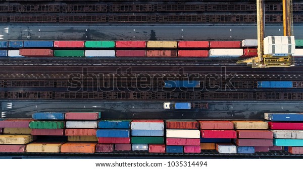 station with freight trains and
containers in aerial view, Bordeaux, France, 10/02/2018
