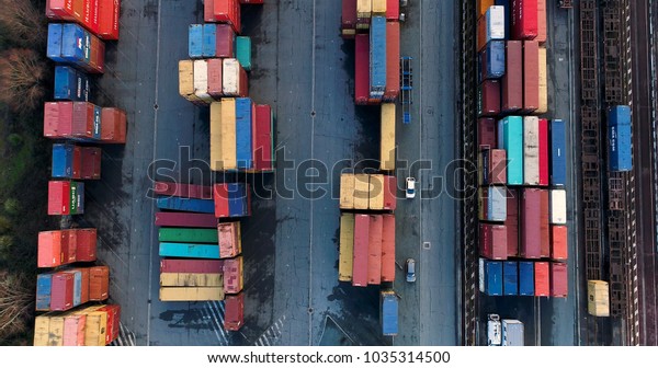 station with freight trains and\
containers in aerial view, Bordeaux, France, 10/02/2018\
