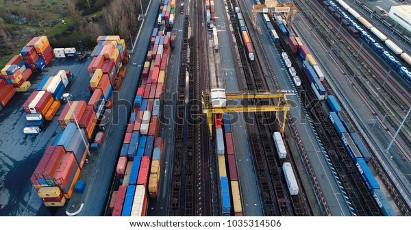 station with freight trains and\
containers in aerial view, Bordeaux, France, 10/02/2018\
