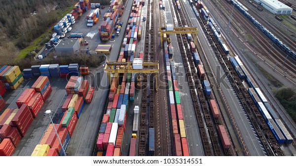 station with freight trains and
containers in aerial view, Bordeaux, France, 10/02/2018
