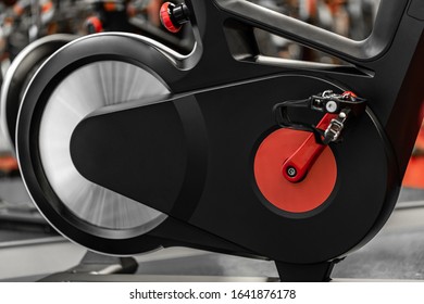 Stationary Bicycles. Indoor Cycling For Lifestyle Design. Fitness Background. Class With Empty Bikes. Soft Focus Background.