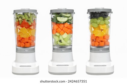 Stationary blender set fills colorful cucumber, carrot, celery for making smoothie. food drink mixed vegetable in electronic blender preparing for making healthy  smoothie isolated on white.  - Powered by Shutterstock