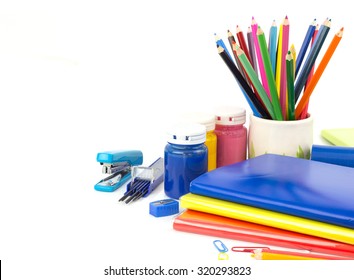 Stationery Background - Group Of Stationery Tools On White Background