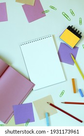 Stationery, Blank Notepads On The Table, Top View 