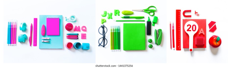 Stationery flat lay. Back to school. White background. set school kid child. Banner Copy space collage - Shutterstock ID 1441375256