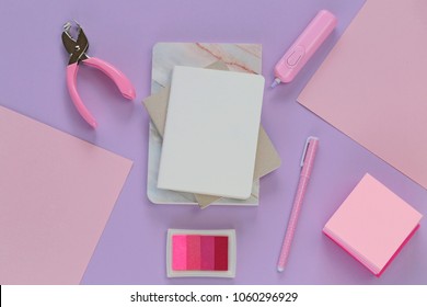 stationery flat lay.  empty blank with School stationery.  notepad with Stationery set on a geometric background in trendy pastel tones. flat lay in pastel colors. top view, copy space
