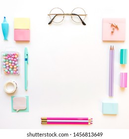 Stationery, Girl Set In Pastel Shades. On White Background, Flatlay, Isolated, Mock Up. Top View. Copy Space.