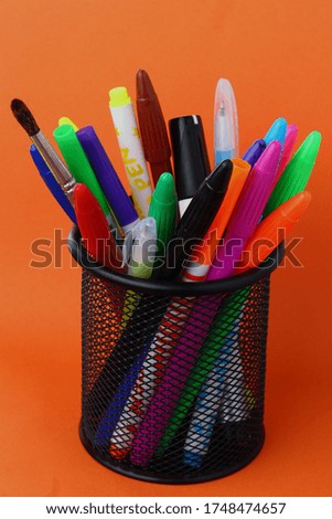 Image, Stock Photo blue stationery glass with multi-colored wooden pencils