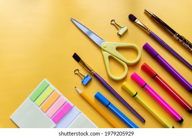 Stationery Items. Colourful Items For Study And Work In Office On Bright Background. Return To School And To Work After Quarantine. Flatlay With Copy Space. Top View. Schooling After The Pandemic.