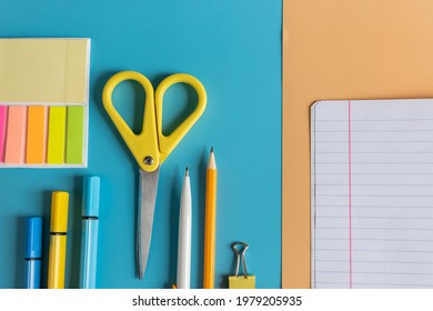 Stationery Items. Colourful Items For Study And Work In Office On Bright Background. Return To School And To Work After Quarantine. Flatlay With Copy Space. Top View. Schooling After The Pandemic.